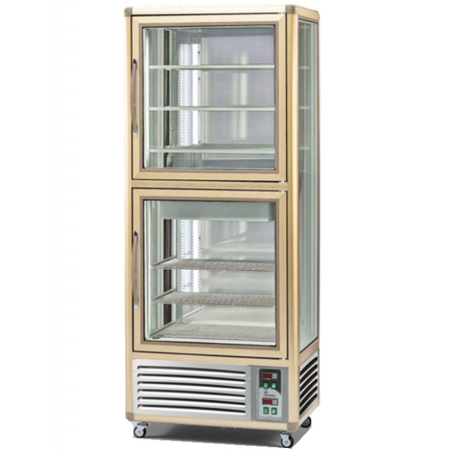 Vitrina frigorifica de cofetarie Tecfrigo Snelle 530 GBT-G, capacitate 530 l, 2 zone temperatura -10 -19/+2+10°C, argintiu/auriu