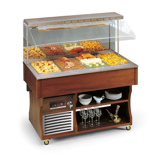 Vitrina frigorifica calda expunere produse Tecfrigo ISOLA MURALE 6 M DRY, rafturi depozitare, temperatura +30/+70°C, maro